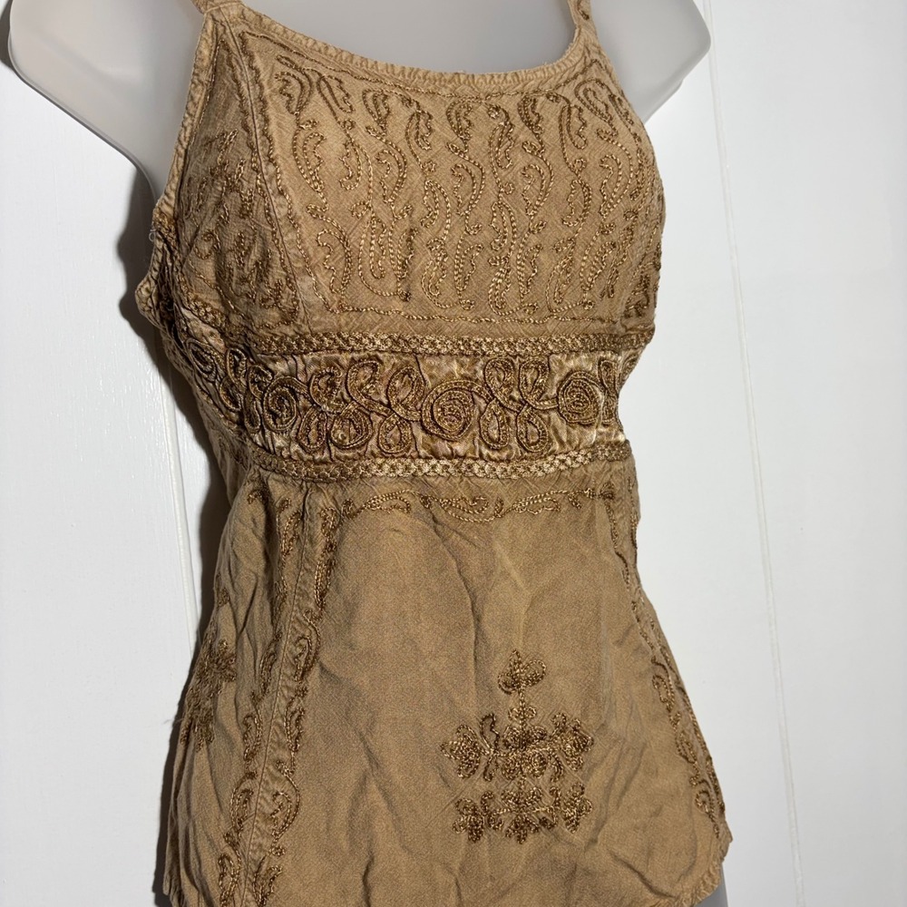 Y2K Tan Embroidered Soutache Tie Back Rayon Cami Tank Hippie Festival Boho XL